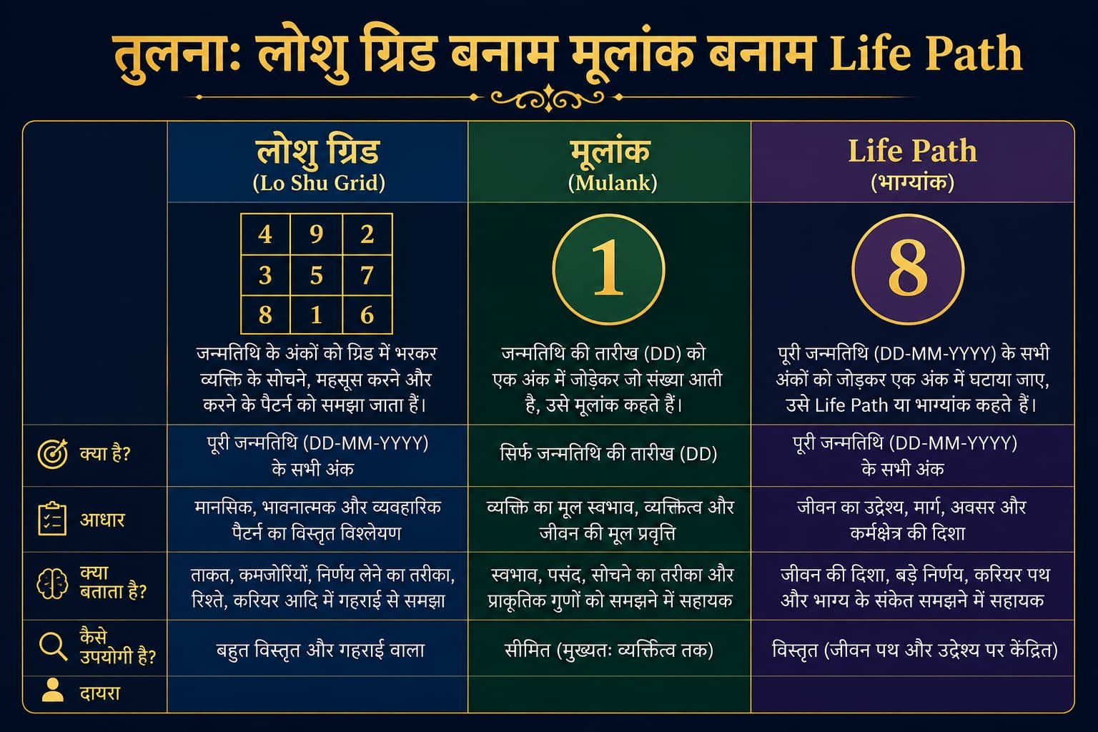 लोशु ग्रिड बनाम मूलांक बनाम life path